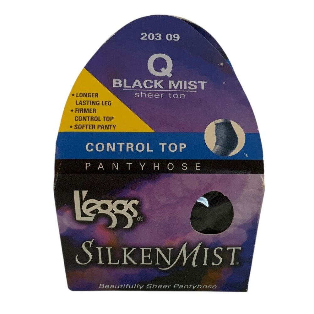 Leggs Silken Mist Pantyhose Q Queen Size Black Mist Control Top Silky Sheer New